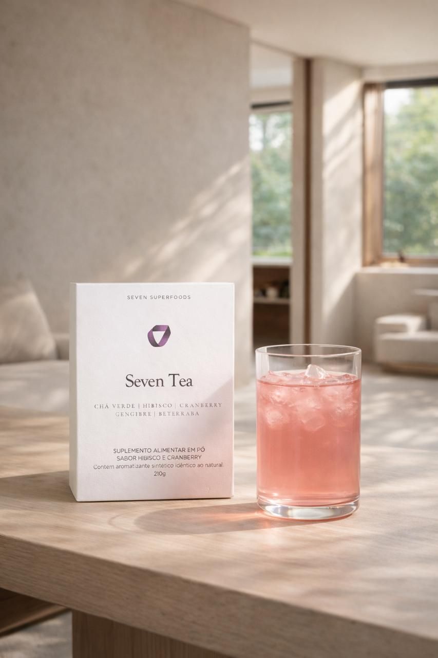 Caixa de Seven Tea ao lado de um copo de chá gelado